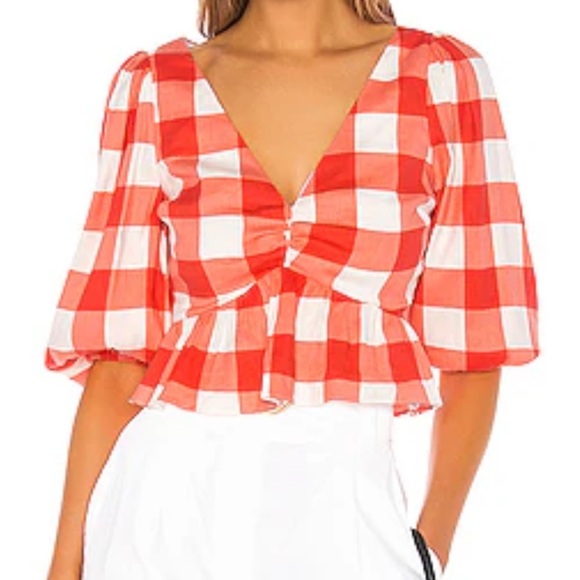 Lovers + Friends NWOT Sz. S (Revolve) gingham crop linen blend lined blouse - Picture 1 of 16